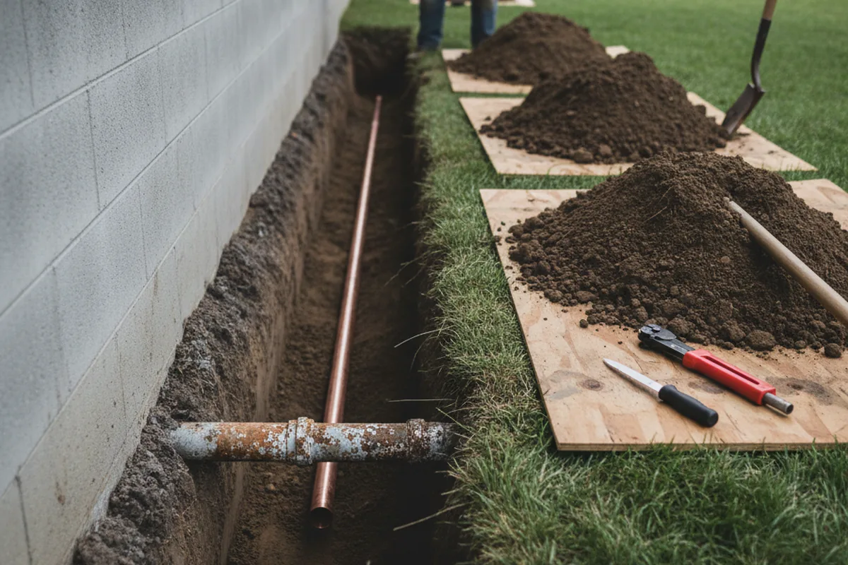 Excavated water line trench during Water Heater Repair in Westminster